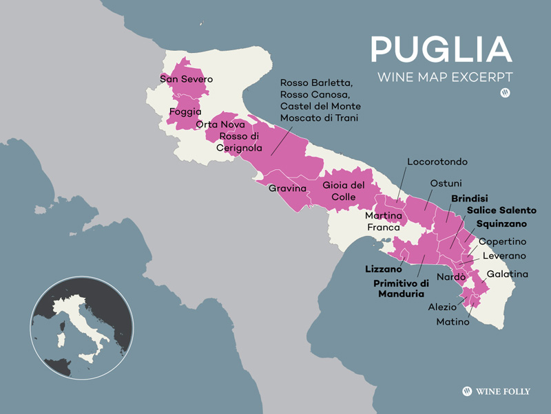 Bản đồ các vùng làm vang của Puglia nước Ý