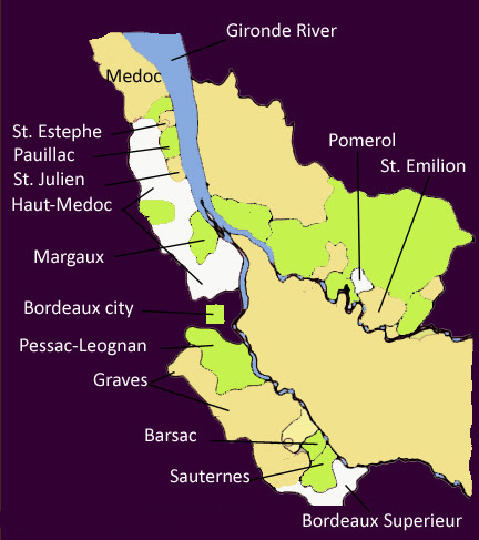 Bản đồ các tiểu vùng rượu vang chất lượng của Bordeaux